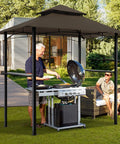 8x5 Ft Outdoor Grill Gazebo With Double Roof Canopy And LED Lights, 2 side shelves, installed in backyard with grill