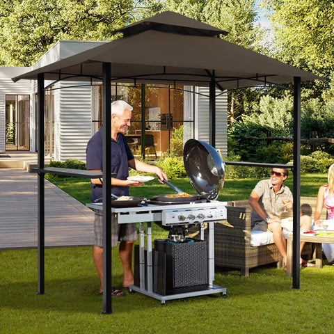 8x5 Ft Outdoor Grill Gazebo With Double Roof Canopy And LED Lights, 2 side shelves, installed in backyard with grill