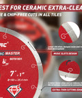 Seven Inch Diamond Saw Blade For Ceramic And Porcelain Tile Wet Cutting Advanced Ceramic Diamond Technology Pro Grade Clean Cuts Low Noise One Inch Arbor With Five Eighths Inch Brass Washer Adapter One Pack showing tooth detail and music slots design.