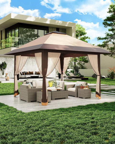 Front view of 13X13Ft Pop Up Gazebo Canopy With Double Roof Mosquito Netting Keeps Insects Out Adjustable Height UV Resistant