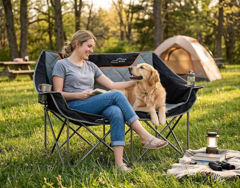 Woman sitting on Oversized Fully Padded Camping Chair Folding Loveseat For Outdoors Heavy Duty Quad Fold Camp Couch with dog