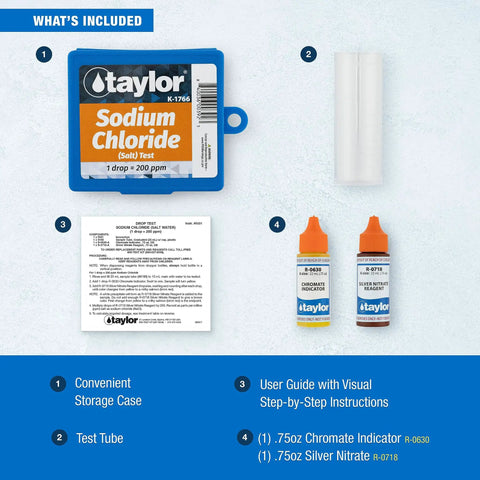 Hassle Free Pool And Spa Drop Test Kit For Sodium Chloride Saltwater Testing Includes Portable Case With Easy Drop Method and test components.