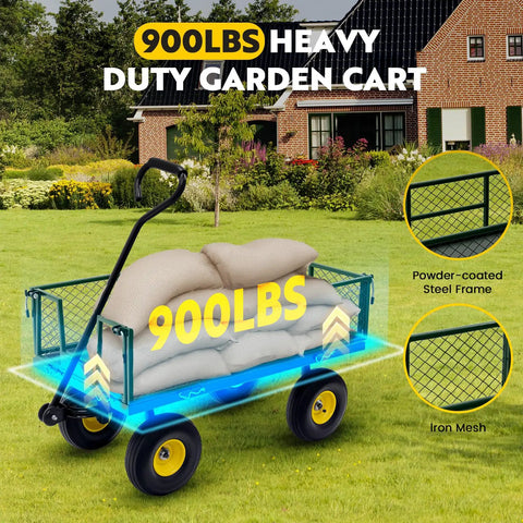 Beefy 900 Lbs Heavy Duty Garden Cart Wagon With Removable Mesh Sides That Convert Into Flatbed in a yard full of sandbags