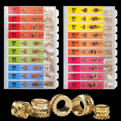 350 Pc Metric Threaded Inserts Kit For Plastic Heat Set Inserts M2 To M6 Knurled Brass Nuts, organized in compartments