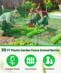 Garden with Easy Set Temporary Fence Kit With 3 Foot High 50 Foot Plastic Mesh and fiberglass step-in posts, protecting plants.