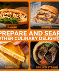 Bakers Friend Stainless Steel Panini Press Electric Griddle And Sandwich Maker Grill showcasing panini, burger, sandwich, and grilled steaks.