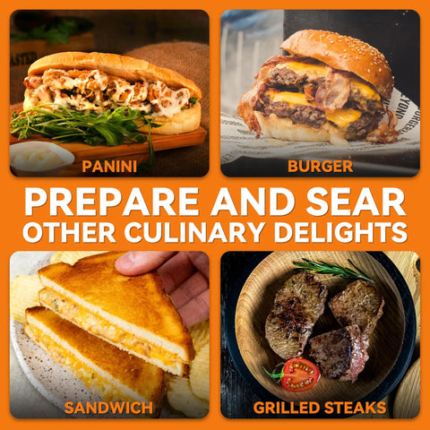 Bakers Friend Stainless Steel Panini Press Electric Griddle And Sandwich Maker Grill showcasing panini, burger, sandwich, and grilled steaks.