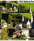 Image showcasing 10X optical zoom capability of 5-50mm Varifocal Lens Webcam With Full HD 1080P, highlighted with village scenery.