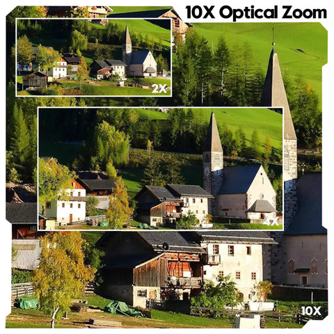 Image showcasing 10X optical zoom capability of 5-50mm Varifocal Lens Webcam With Full HD 1080P, highlighted with village scenery.