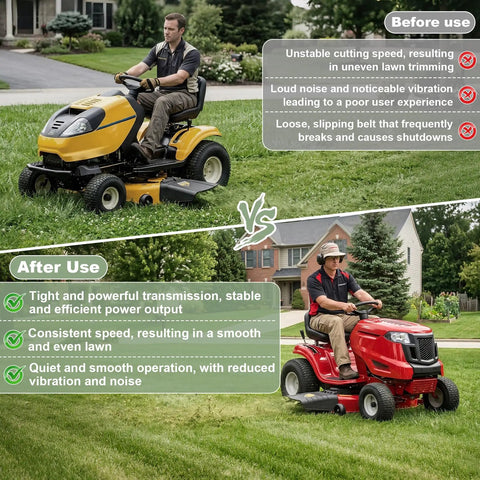 Visual comparison of lawn mowers with Aramid Replacement Drive Belt For Lawn Mower Decks Fits Woods 18879 effective use.