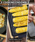 Pi Cast Iron Three Piece Cookware Set With Round Skillet And Reversible Grill Griddle Removable Handles Bamboo Base For Protection Built For Indoor Outdoor High Heat Searing And Crispy Crusts shown with cooked food
