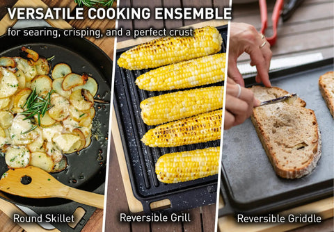 Pi Cast Iron Three Piece Cookware Set With Round Skillet And Reversible Grill Griddle Removable Handles Bamboo Base For Protection Built For Indoor Outdoor High Heat Searing And Crispy Crusts shown with cooked food
