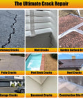 Collage showing various cracks: driveway, wall, garden, patio, pool deck, roof, garage, basement, and construction site.