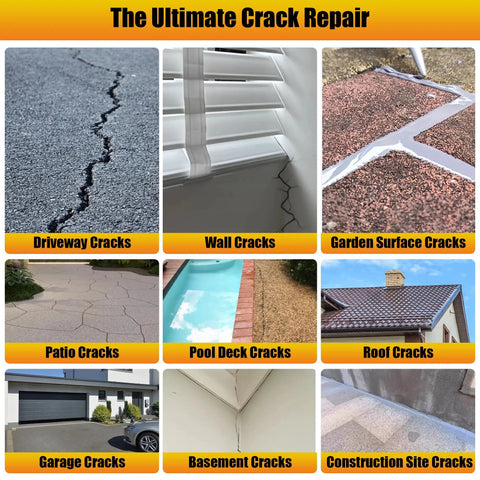 Image showing various cracks including driveway, wall, patio, pool deck, and roof cracks for self leveling concrete crack filler.