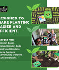 Color Coded Square Foot Garden Spacing Template With Dibber Seed Spoon Ruler And Planting Guide shown in garden use setting.