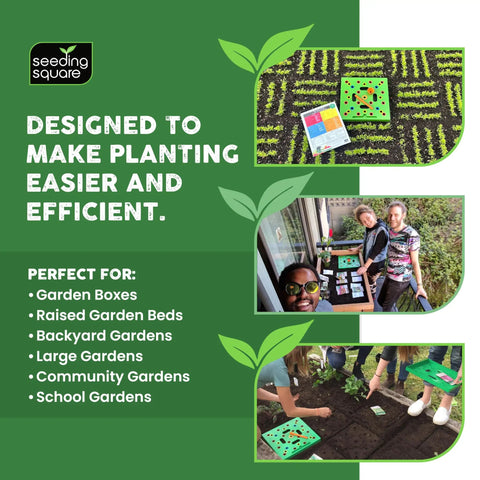 Color Coded Square Foot Garden Spacing Template With Dibber Seed Spoon Ruler And Planting Guide shown in garden use setting.