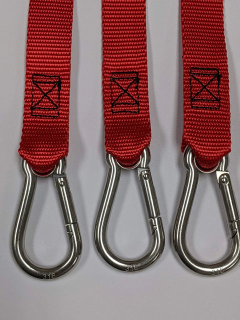 3 Point Dinghy Towing Bridle With Adjustable Middle Leg For Even Pull, 3800 Lb Test, 1 In Red Nylon Webbing, Stainless Steel Hardware