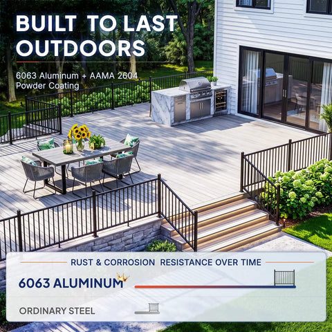 Top Shelf 6063 Aluminum Deck Railing Kit 36 Inch High By 4 Feet Wide Modular Porch Guard shown on a stylish outdoor deck.