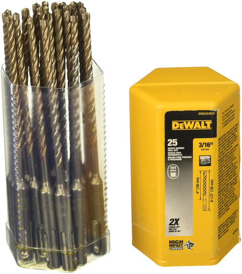 Three Sixteenth Inch Solid Carbide SDS Plus Drill Bit Four Inch Cutting Length Six And One Half Inch Overall Four Flute Debris Clearing Heavy Duty Bonding System For Durability Pro Grade Bulk 25 Pack in packaging