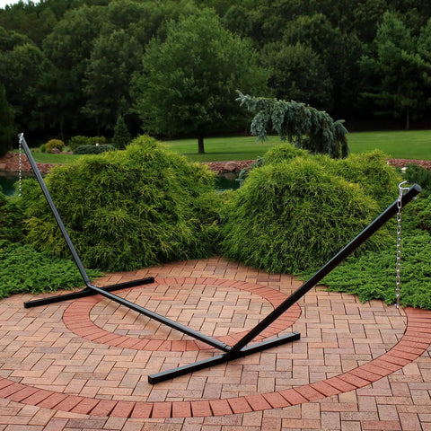 Go To Double Hammock Stand For Outdoor And Indoor Use 400 Pound Capacity 15 Foot Frame With Black Powder Coated Finish Weather Resistant Heavy Duty Hammock Stand With 20 Inch Heavy Gauge Chains on patio
