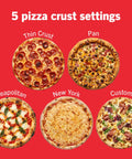Five types of pizza crusts: thin, pan, Neapolitan, New York, custom, showcasing versatility of the Backyard Pizza Oven With Stone 12 Inch.
