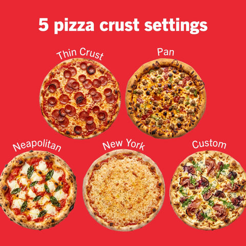 Five types of pizza crusts: thin, pan, Neapolitan, New York, custom, showcasing versatility of the Backyard Pizza Oven With Stone 12 Inch.