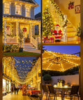 Festive outdoor and indoor holiday lighting decor with warm white lights, featuring houses, streets, and patio settings.