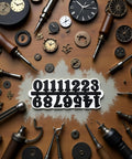 Versatile Black Clock Numerals Kit For Easy DIY Clock Repair And Replacement Includes Arabic And Roman Numerals For Digital Clock Faces And Home Improvement Tools displayed with clock parts and tools on a table.