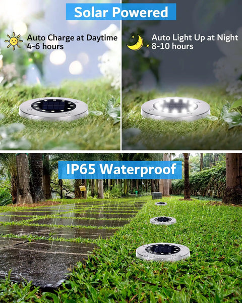 Solar Ground Lights 12 Pack Waterproof Outdoor Pathway Lights With 12 LEDs Bright White Illumination in a rainy garden