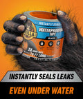 Gorilla holding waterproof tape labeled All Purpose Waterproof Tape For Real Deal Leaks And Repairs 4 Inch By 10 Foot Pack Of 2 Black