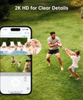 Dual Lens Solar Wireless Outdoor Security Camera With 2K Plus 2K Dual View shown monitoring backyard scene on phone screen