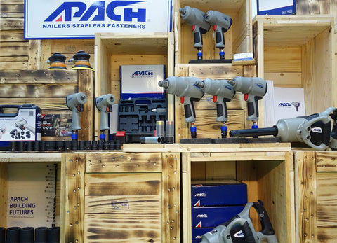 Display of various air impact wrenches and tools, featuring Stubby 1/2 Inch Air Impact Wrench With Jumbo Hammer Grip, Beast Torque 550-650 Ft-Lb