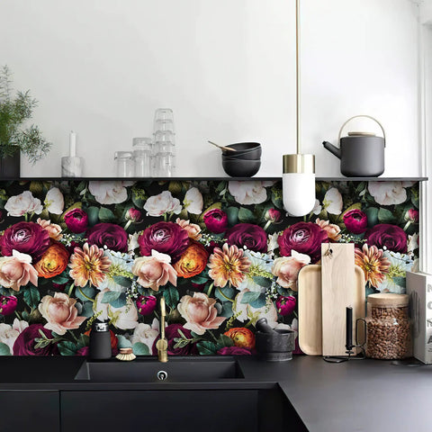 Kitchen backsplash with Peel And Stick Floral Wallpaper Rose Daisy Removable Mural For Walls Easy No Mess Vinyl Wall Decor.