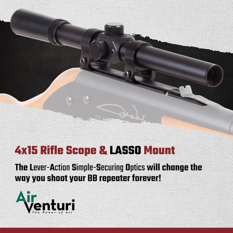 4x15 Air Rifle Scope with LASSO Mount for BB Guns and Air Rifles, high power optics on wooden stock rifle, easy mount view
