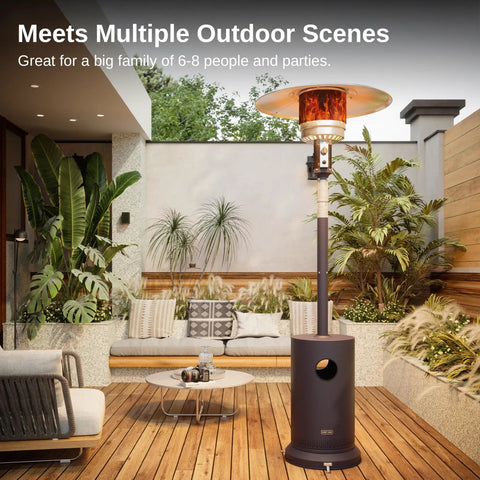 Round Table Patio Heater 48,000 BTU With Dual Layer Stainless Burner and Wheels Bronze Finish next to outdoor seating area