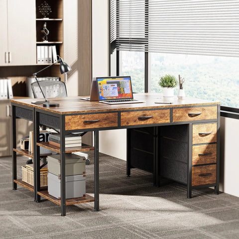 47 Inch Rustic Brown Corner Desk With Six Fabric Drawers And Shelves, Reversible Gaming And Office Desk in a modern office setting.