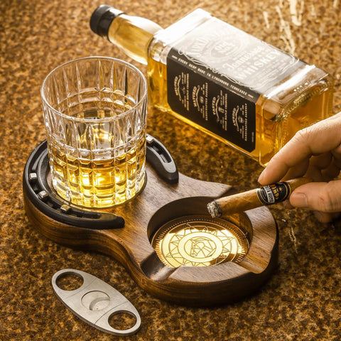 Wooden Cigar Ashtray With 3 Slots, Coaster And Whiskey Glass Tray, Handmade Horseshoe Design on table with whiskey glass