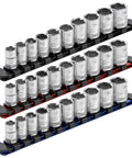 3/8-Inch Drive Aluminum Socket Rail Set With Locking End Caps Holds 10 Sockets Per Rail Includes Red Blue And Black Rails Lightweight Organizer