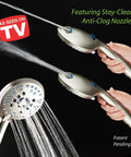 High Pressure Handheld And Rain Shower Head Combo With Anti Clog Jets 3 Way 50 Mode System in use, close-up with water spray