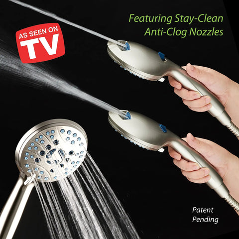 High Pressure Handheld And Rain Shower Head Combo With Anti Clog Jets 3 Way 50 Mode System in use, close-up with water spray