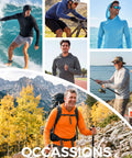 Collage of activities: Men in hooded rash guards biking, surfing, hiking, fishing, in various colors, including Men's Hooded Rash Guard Long Sleeve UPF 50 Plus Sun Protection For Fishing And Beach Wear Quick Dry Breathable 4 Way Stretch Raglan Thumb Hole Shirt Gray XL.