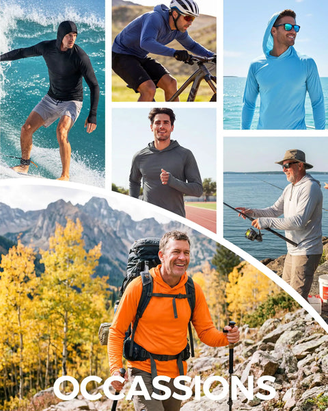Collage of activities: Men in hooded rash guards biking, surfing, hiking, fishing, in various colors, including Men's Hooded Rash Guard Long Sleeve UPF 50 Plus Sun Protection For Fishing And Beach Wear Quick Dry Breathable 4 Way Stretch Raglan Thumb Hole Shirt Gray XL.