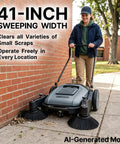 Heavy Duty Manual Floor Sweeper With Forty One Inch Wide Cleaning Path built to crush sticky messes during commercial cleanup tasks.