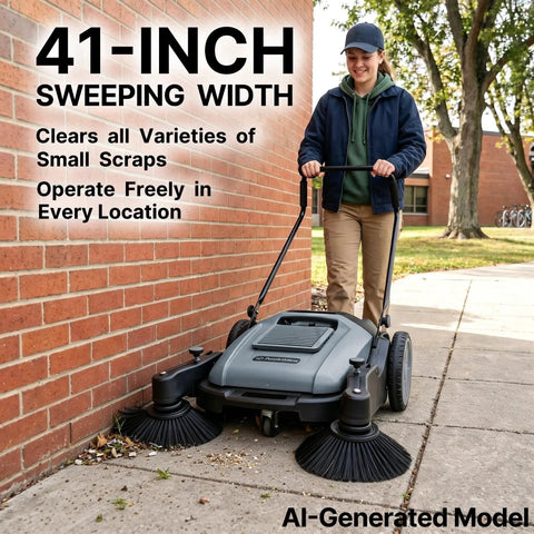 Heavy Duty Manual Floor Sweeper With Forty One Inch Wide Cleaning Path built to crush sticky messes during commercial cleanup tasks.