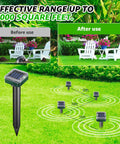Solar Powered Ultrasonic Mole And Pest Deterrent For Outdoor Gardens demonstrated in a lawn with before and after images