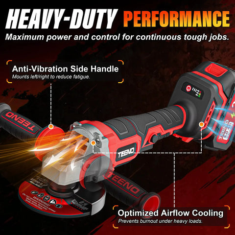 High Octane Brushless Cordless 4-1/2 To 5 Inch Angle Grinder Kit view showing anti-vibration handle and cooling features.