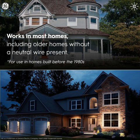 Older house with text about Cync Button Style Smart Light Switch No Neutral Wire Required, 2.4 GHz WiFi Works With Alexa and Google Home.