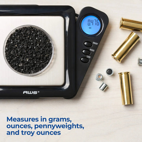 Pocket Digital Scale 100g x 0.01g High Precision Gram Scale With LCD Display, tare function, and grams-ounces readouts next to powders and brass materials.