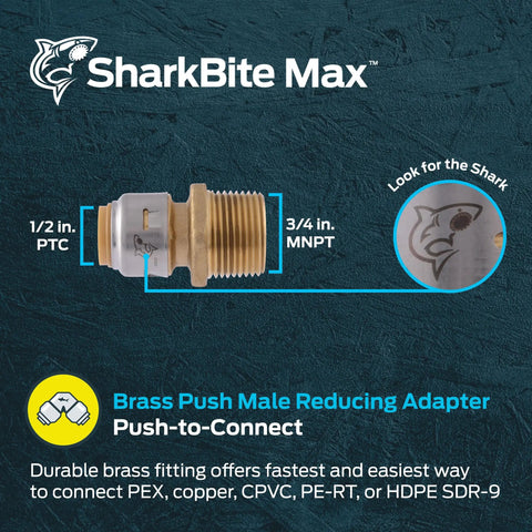 Max Push To Connect Reducing Adapter One Half Inch To Three Quarters Inch MNPT Brass Plumbing Fitting with Shark illustration