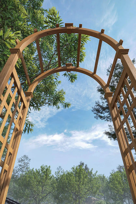 Golden Brown Cedar Arbor With Lattice To Help Climbing Plants Grow 47W X 89H Garden Trellis For Vines And Flowers Natural Wood Grain
